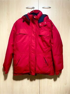 REI Vintage Down Jacket in Red. Insulated Parka with Detachable Hood Size 16